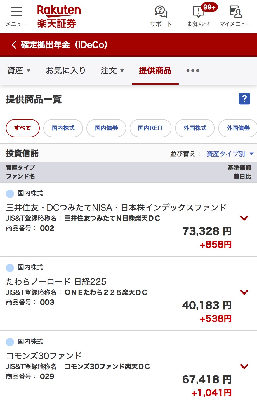 iDeCoの提供商品一覧。各商品の下に商品番号が記載されている
