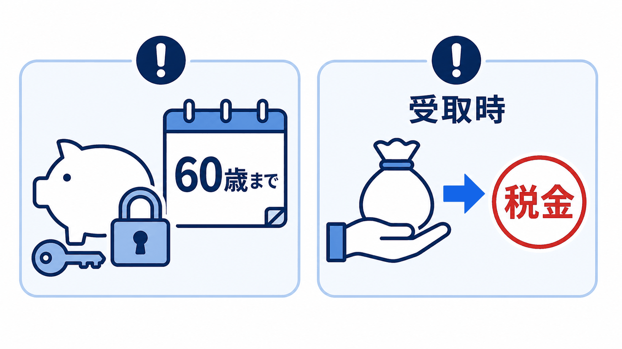 iDeCoの注意点。原則60歳まで引き出せない／受取時に税金がかかる場合がある