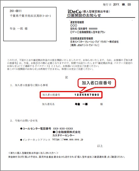 JIS&T社から届く「口座開設のお知らせ」に加入者口座番号が記載されている